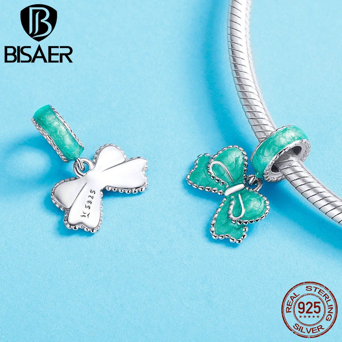 BISAER, новинка, 925 пробы, серебряные, Зеленые Подвески с бантиком, подвеска, бант, бусины, подходят для оригинальных браслетов, сделай сам, изготовление ювелирных изделий ECC1150