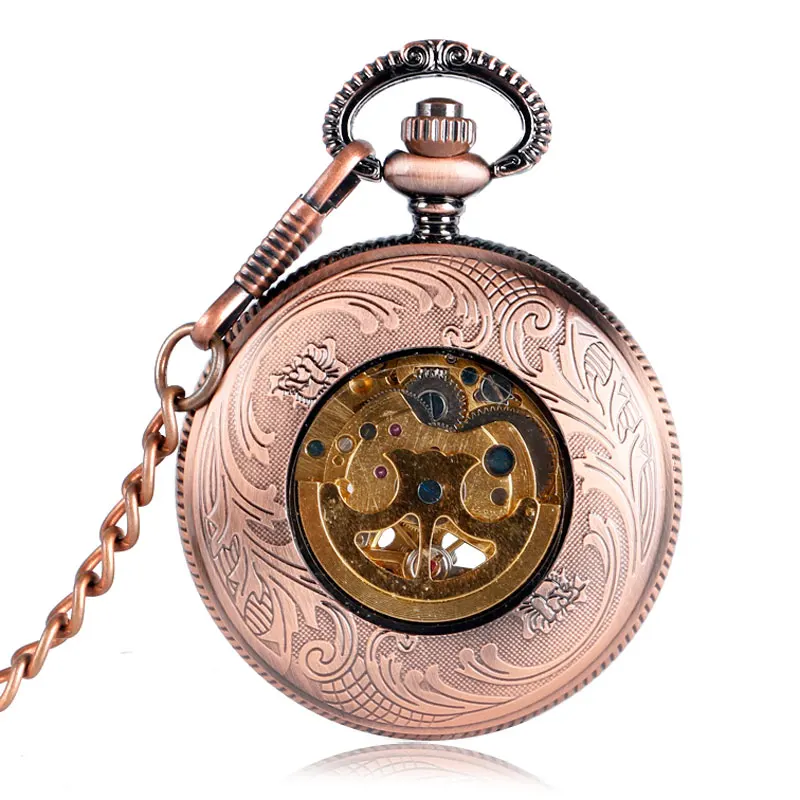 Self- Wind Hollow Flower Pendant Pocket Watch Rose Copper Women Open face design Chain Watches Men  Automatic Mechanical Clock