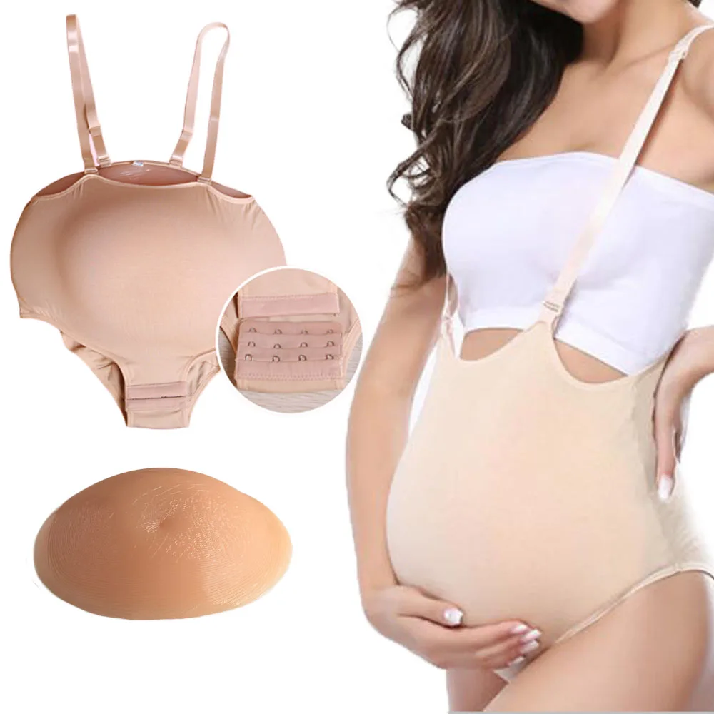 

2~10 months Invisible silicone belly fake pregnant belly hold by suspender trousers soft real