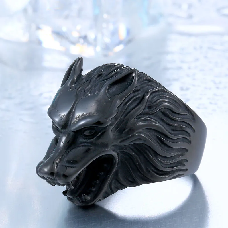 BEIER Dropshipping Cool Wolf Stainless Steel Man Punk Biker Ring BR8-075 US Size - Цвет основного камня: black colour