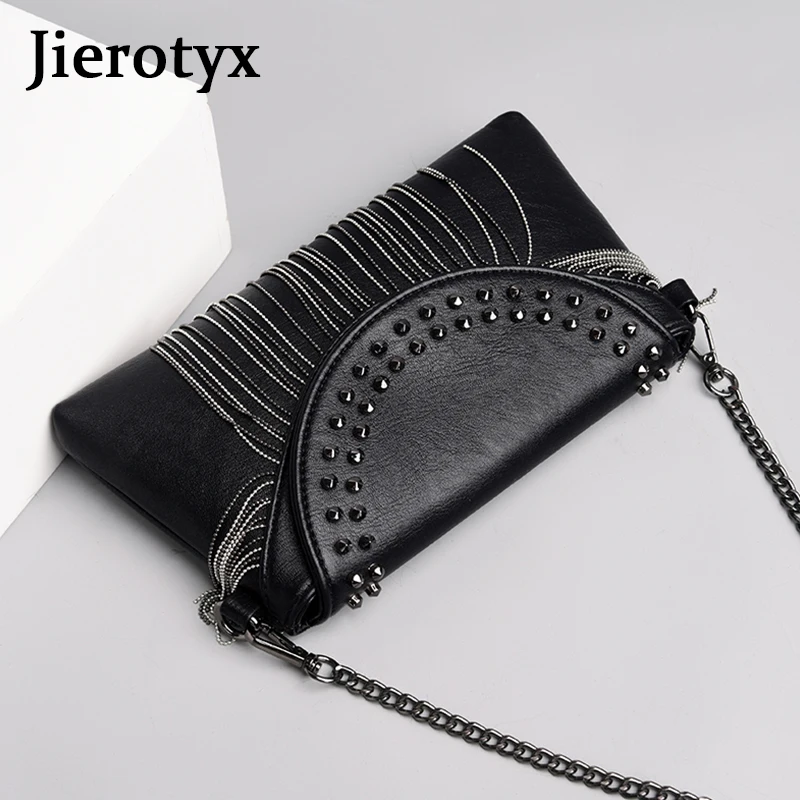 Сумка через плечо JIEROTYX Женская черная кожаная с бахромой|Сумки ручками| |