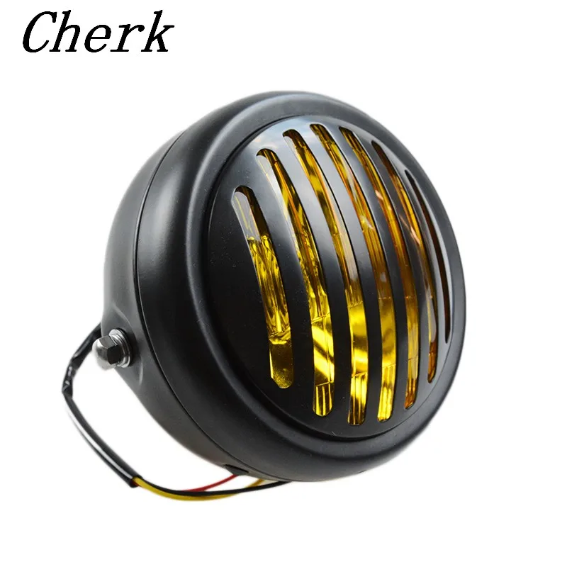 

New 6.5" Motorcycle Amber Projector Headlight LED Light With Head Grill For Harley Cafe Racer Bobber Old School
