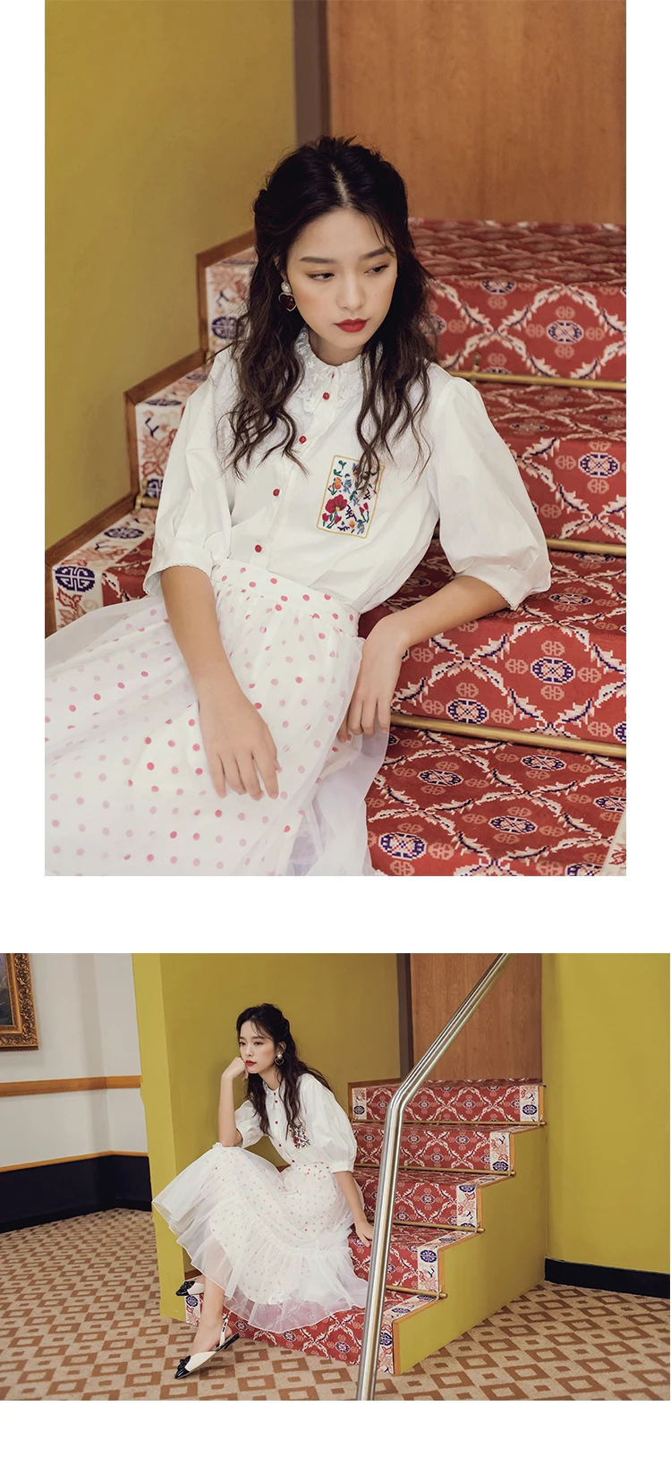 SWEETXUE Summer Fashion Temperament 2 Piece Suit White Embroidered Shirt High Waist Wave Point Mesh Skirt Casual Retro Set