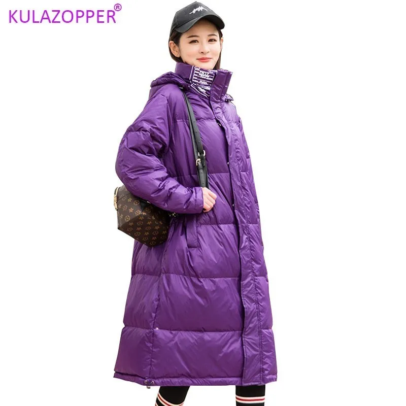 KULAZOPPER женский белый пуховик на утином пуху зимняя длинная свободная куртка