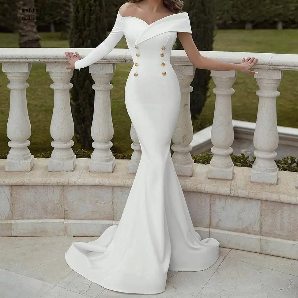 

Cheap Sexy Mermaid Wedding Dress 2020 Off The Shoulder Ruffles Sweep Train Vestido De Novia Buttons Robe De Soiree Bridal Gowns