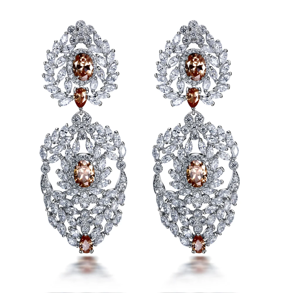 Женские длинные серьги капельки с родиевым покрытием и фианитом ААА|earrings