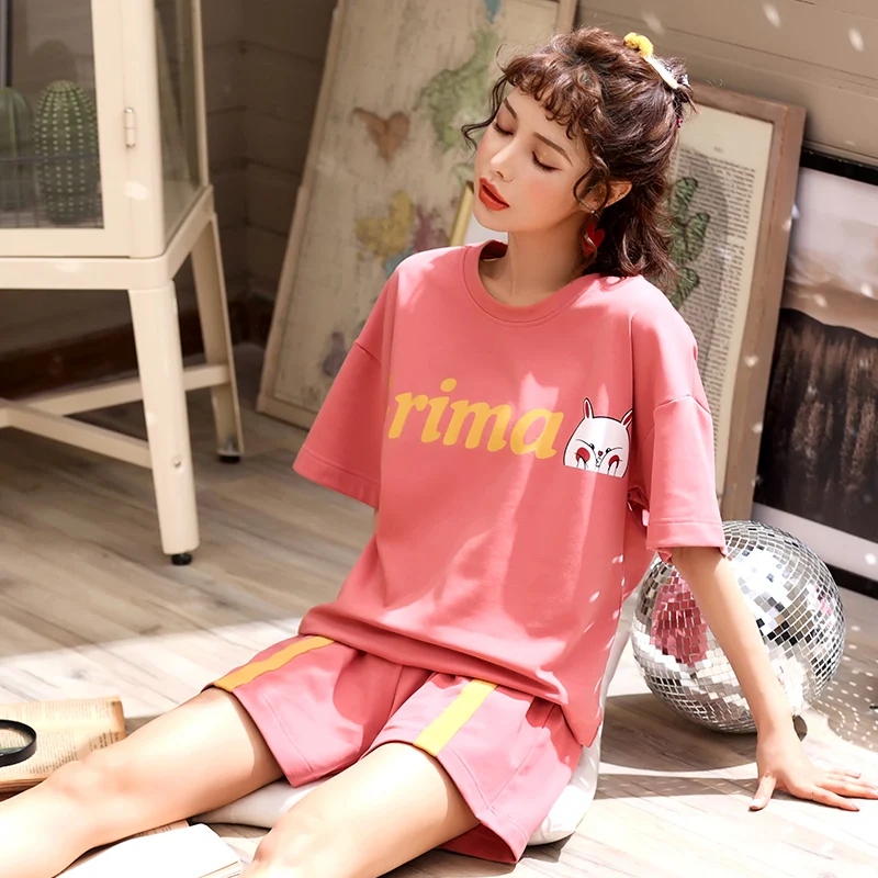 

Women Clothes Summer Pajamas Short Sleeved Cartoon Pyjamas Suits Girls Casual Homewear Nightweat Suit Knitted Cotton Sleepwear