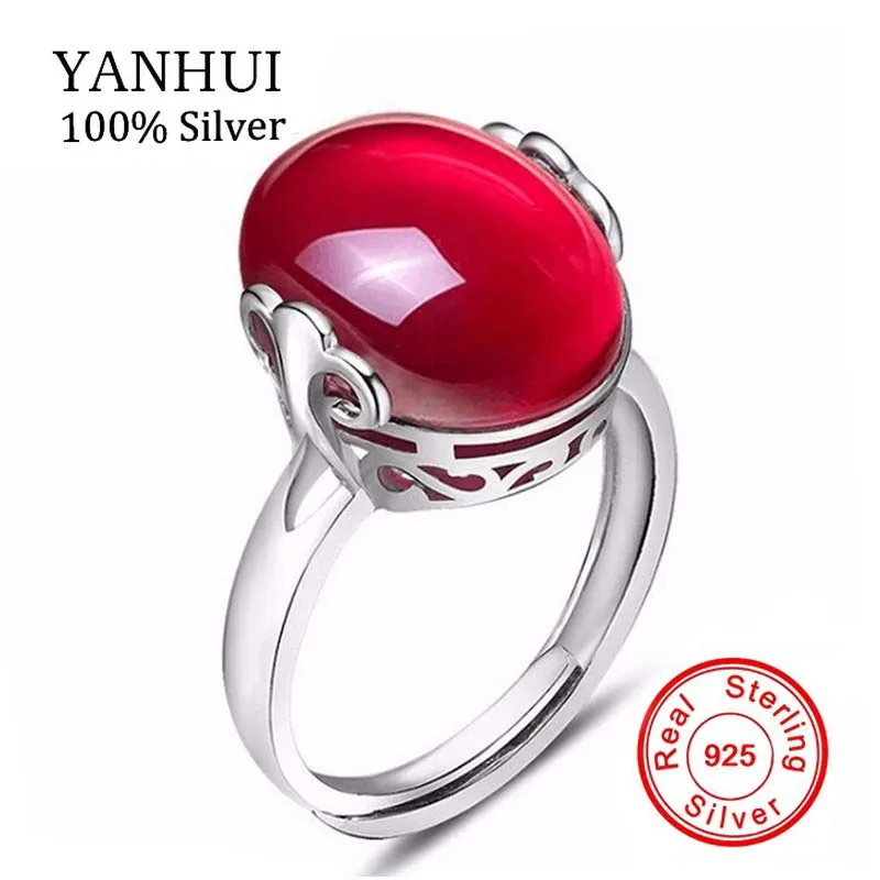 YANHUI, Настоящее твердое 925 Серебряное кольцо с большим натуральным камнем, красный/зеленый кристалл, модные кольца для женщин, ruby01изумруд - Цвет основного камня: Red