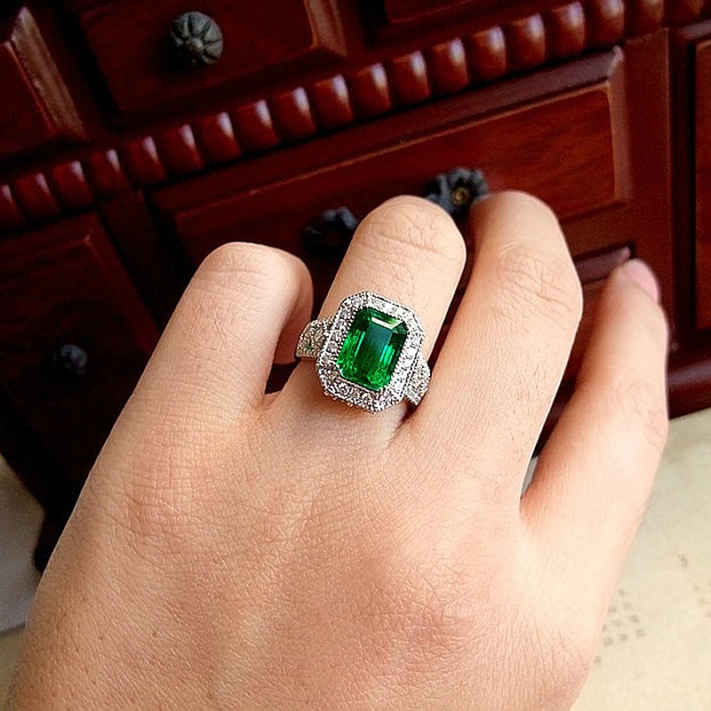 AAA Lab Created колумбийское Твердое 18K Белое Золото 2.7ctw Moissanite Green Emerald Halo Кольцо