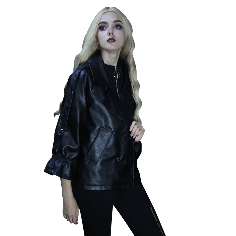 

New New Punk Women's Jacket Black PU Leather Jackets Motorcycle Rock Cool Jackets Loose Short Pleated Sleeves Jackets