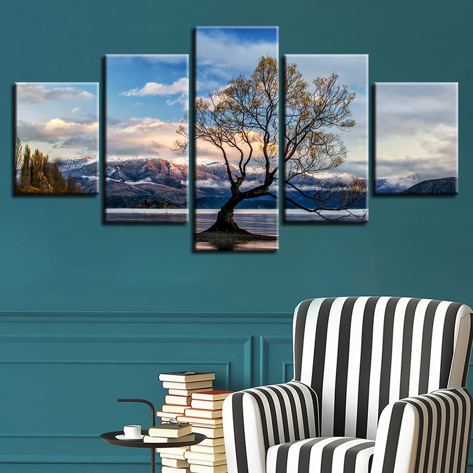 5 шт. декоративные настенные картины с изображением дерева горы голубого неба