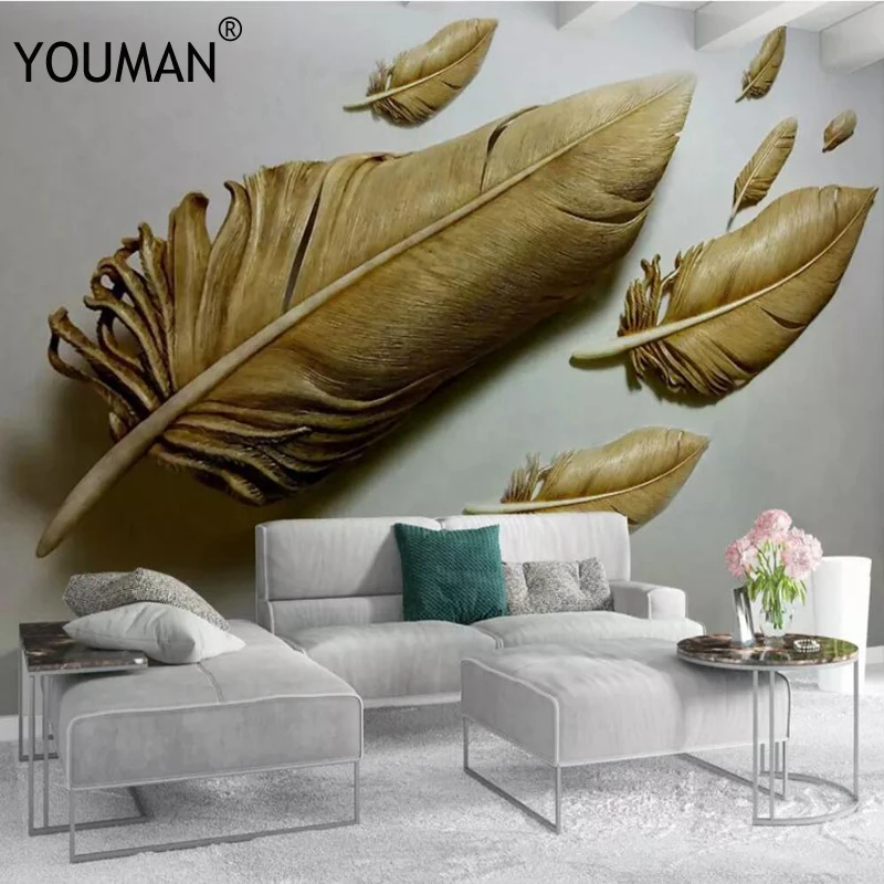 Обои YOUMAN на заказ фото обои живопись 3D рельефные золотые перья фон настенная