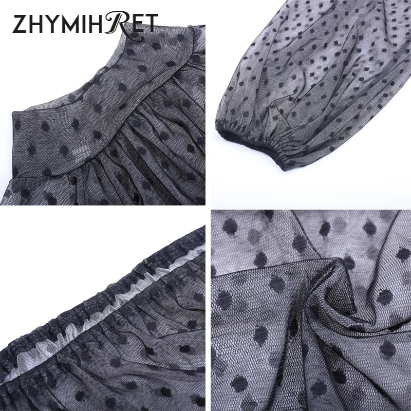 Женская сетчатая блузка в горошек ZHYMIHRET прозрачная укороченная с рукавами фонариками и воротником осень 2019|