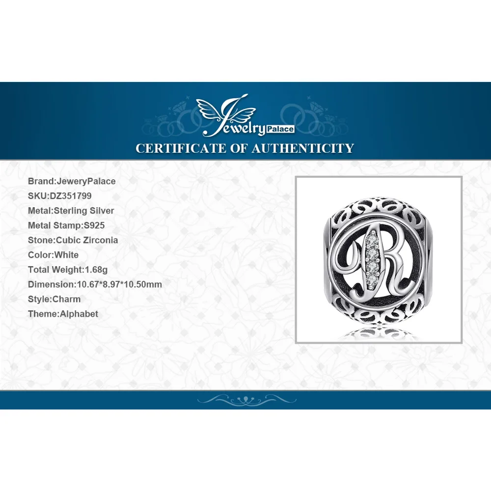 Jewelrypalace стерлингового серебра 925 Буква R жемчужный бисер Подвески Fit Браслеты