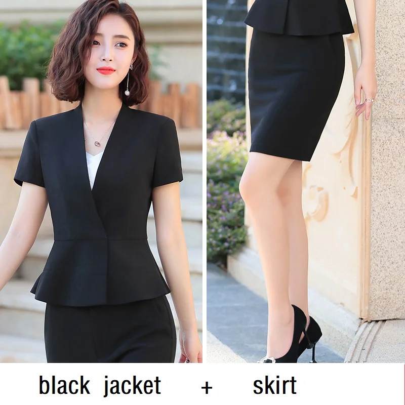 black jacket skirt Женские костюмы тонкий летний короткий рукав короткая куртка брюки 2 шт набор OL формальные женские брючные костюмы женский комплект костюмы 8851 - Цвет: black jacket skirt