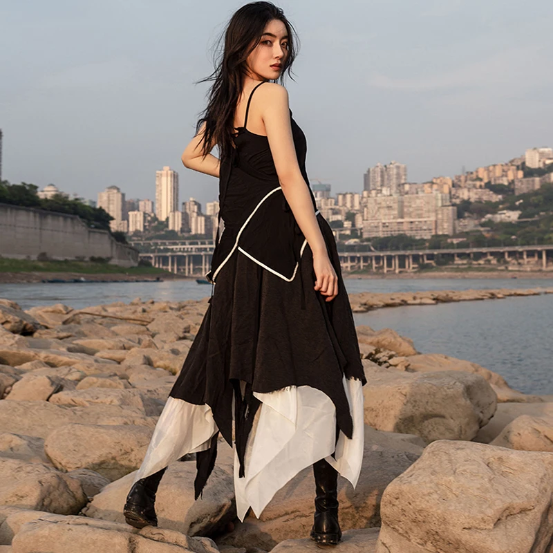 Новый 2019 Для женщин летние однотонные черные асимметричное платье с юбкой солнце