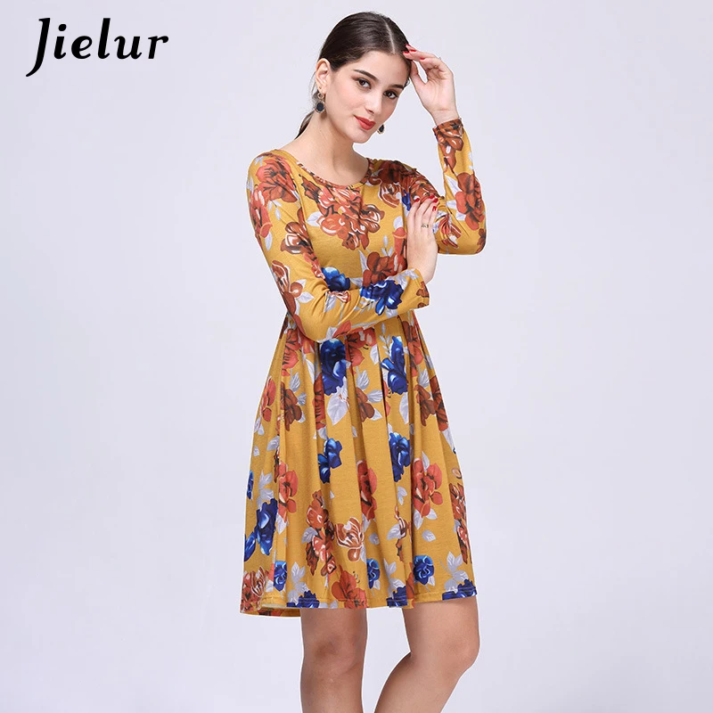 Jielur осень 2019 модное Цветочное платье с длинным рукавом женское элегантное vestidos