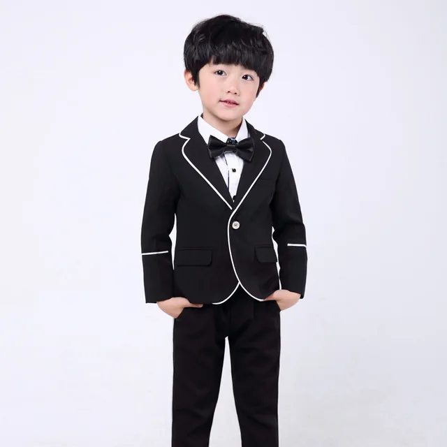 A black 2pcs Брендовый комплект одежды с цветочным принтом для мальчиков; детская одежда для свадьбы; торжественное платье; пиджак; рубашка; брюки; костюм с галстуком; Детский костюм для выпускного; F009 - Цвет: A black 2pcs