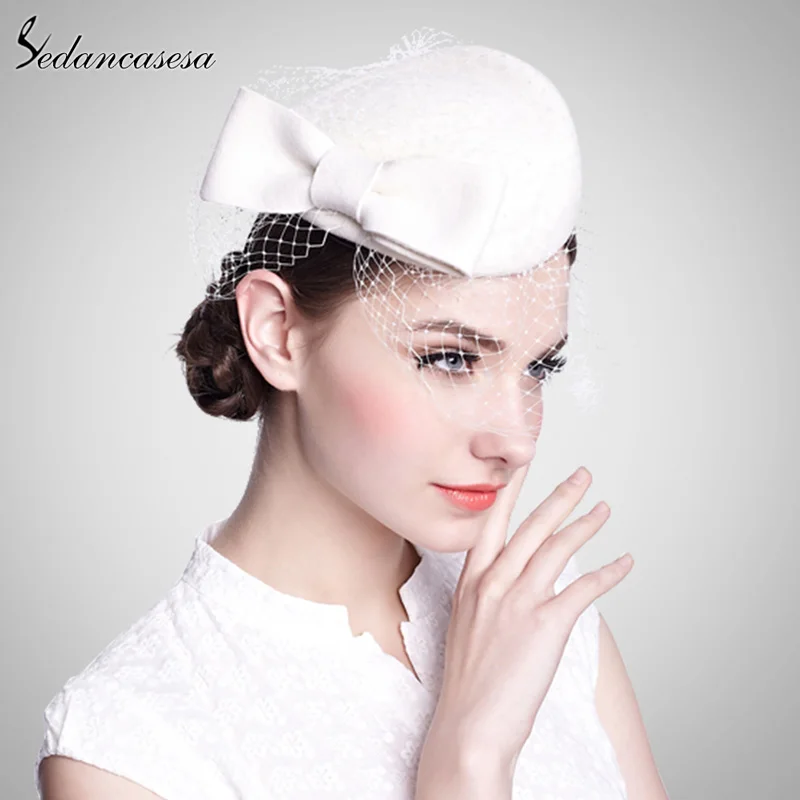 White Sedancasesa, женский головной убор, вуалетки, шапки для женщин, ручная работа, бант, сетка, шапки для церкви, Коктейльная шляпа для вечеринки - Цвет: White