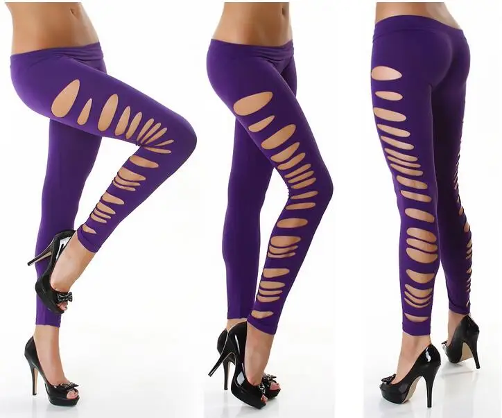 Side Purple CUHAKCI леггинсы с дырочками, сексуальные леггинсы, женские Стрейчевые черные танцевальные рваные леггинсы, эластичные штаны с низкой талией, популярные рваные штаны - Цвет: Side Purple
