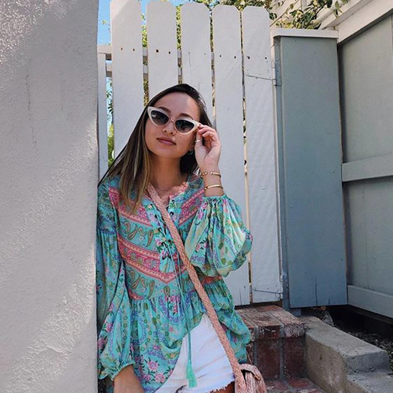 Khale Yose летняя блузка Топ с длинным рукавом Boho Chic v образным вырезом сексуальные