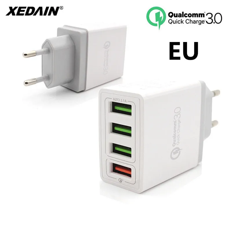 EU Not Cable White 4 порта для телефонов, быстрое зарядное устройство QC 3,0, 4 USB кабеля, штепсельная вилка стандарта ЕС/США, максимальное быстрое зарядное устройство s, зарядка для iphone XR XS Plus, samsung, huawei, Apple - Тип штекера: EU Not Cable White