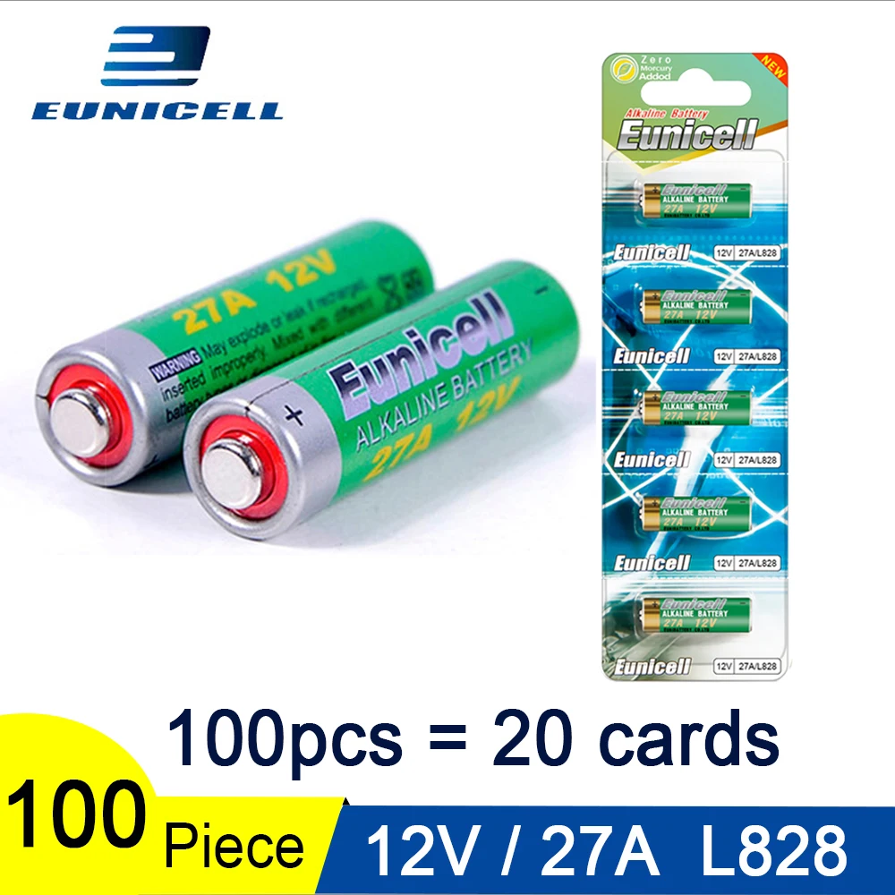 100 шт. = 20 карт 12В 27А сухая щелочная батарея 27AE 27MN A2 L828 V27GA EL812 A27 MN27 G27A Eunicell 50 мАч