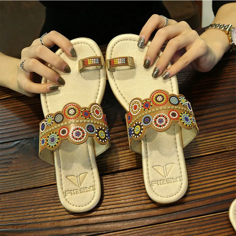 Тапочки Для женщин летнее в богемном стиле сандалии модные плоская подошва