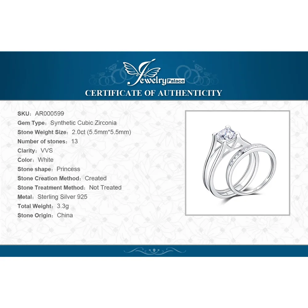 Jewelrypalace 2ct принцессы cubic zirconia Wedding Band Solitaire Обручение кольцо Свадебные набора каналов 925 стерлингов Серебряные ювелирные изделия