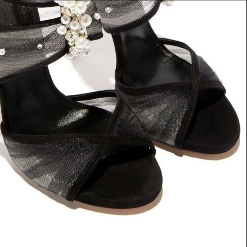 Olomm New Women Platform Sandals Sexy Metal High Heels Gorgeous Pearl Open Toe Black Dress Shoes Ladies US Size 4-10.5 | Обувь