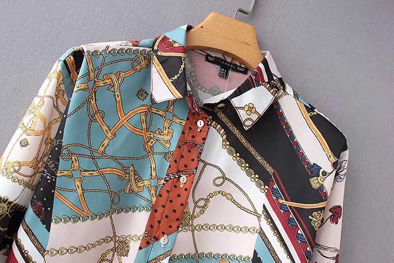 women vintage chain patchwork print smock Shirt blouses business casual femininas blusas long sleeve retro tops |