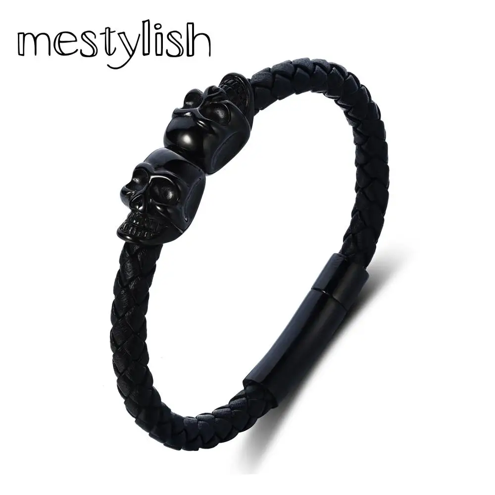 Mestylish Черный натуральной кожи наппа Нержавеющая сталь черный/золотой/серебряный цвета twin череп браслет браслеты для мужчин Для женщин украшения подарок - Окраска металла: Black Black