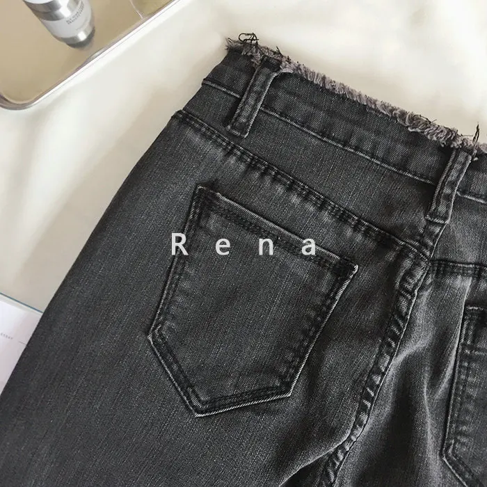 Женские джинсы с высокой талией тонкие серые и черные леггинсы в Корейском стиле