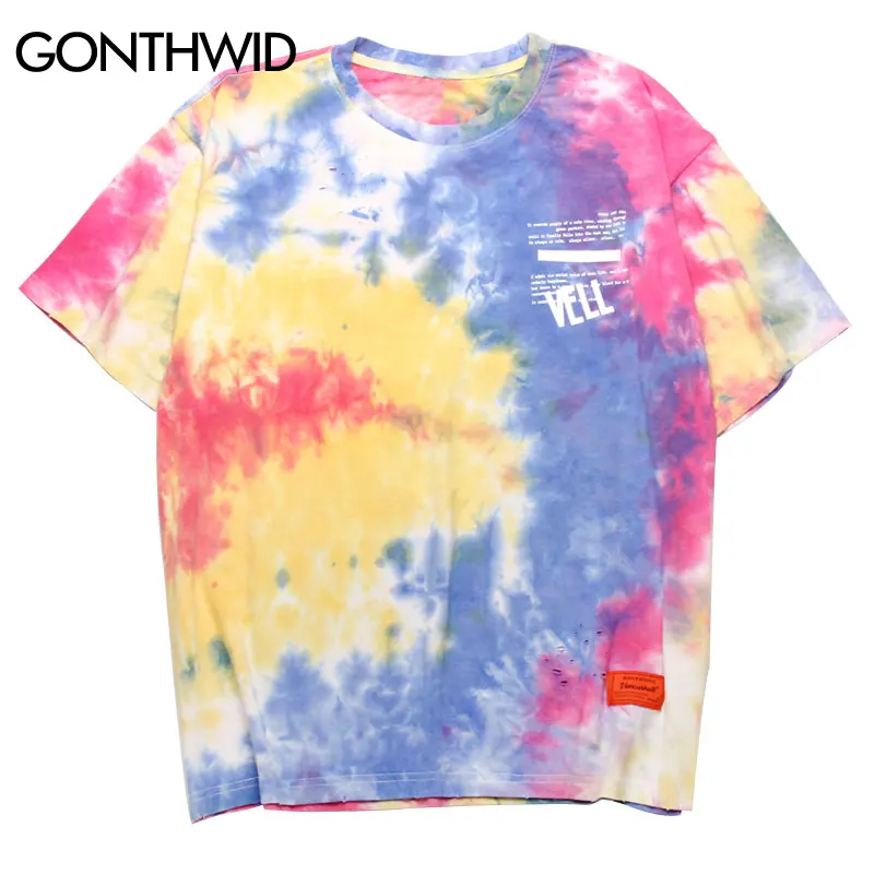 GONTHWID Tie Dye Ripped с дырами рваные Принт футболки уличная хип хоп повседневное Harajuku