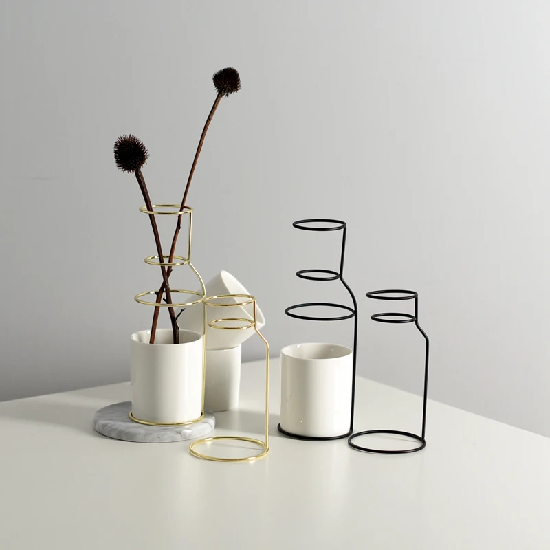 Набор из 2 предметов Минималистичная керамическая ваза для цветов с железной