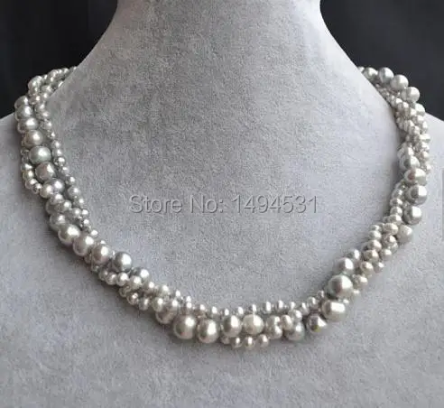 

Wholesale Pearl Jewelry ,Gray Color 3 Strands 18 Inches 4-8mm Natural Freshwater Pearl Necklace , Wedding Bridesmaids Jewelry.