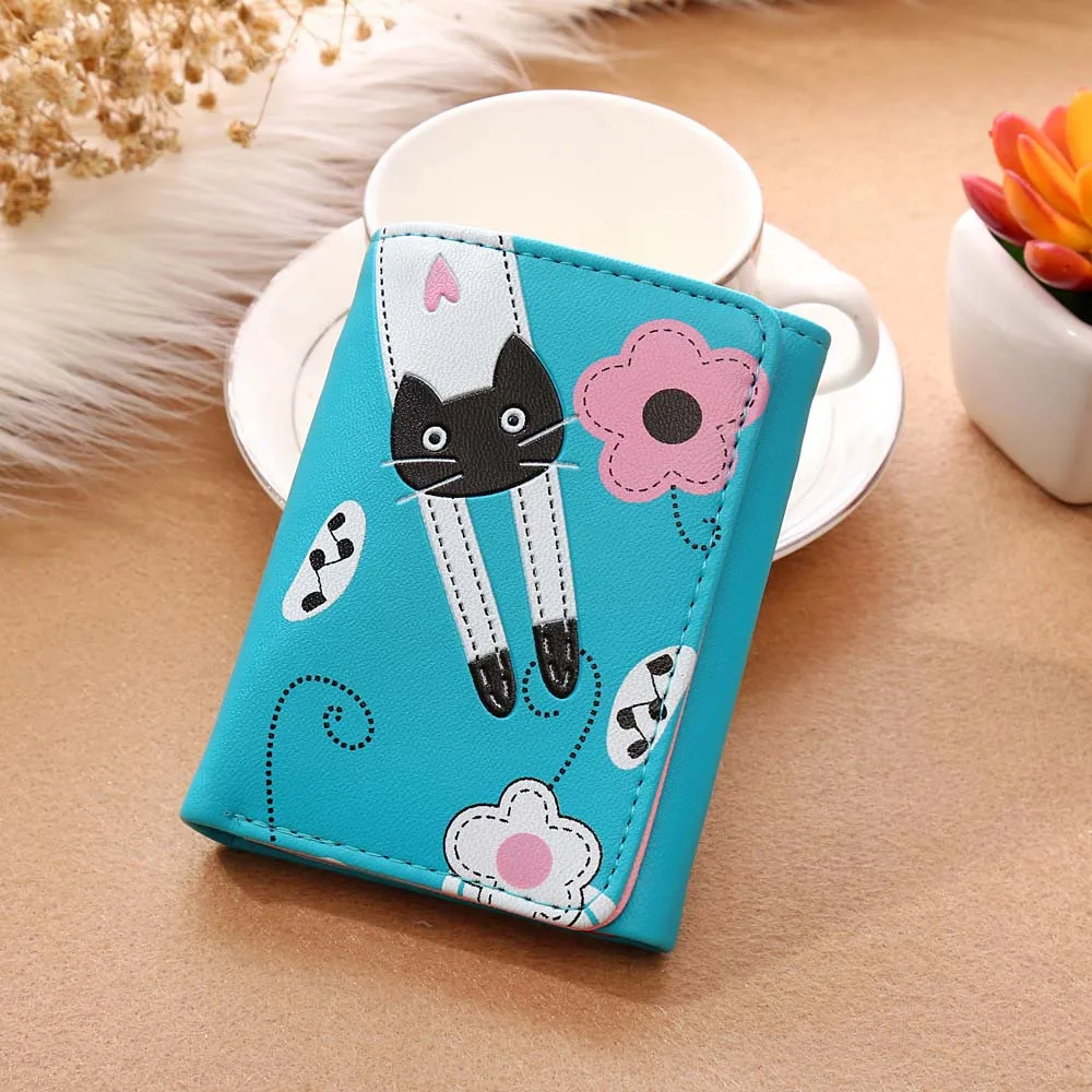 Милый женский кошелек с печатью котика и цветов, кошелек для студентов, деньги, застежка-кнопка, кошелек для монет, короткий владелец карт, девочки, складные кошельки.