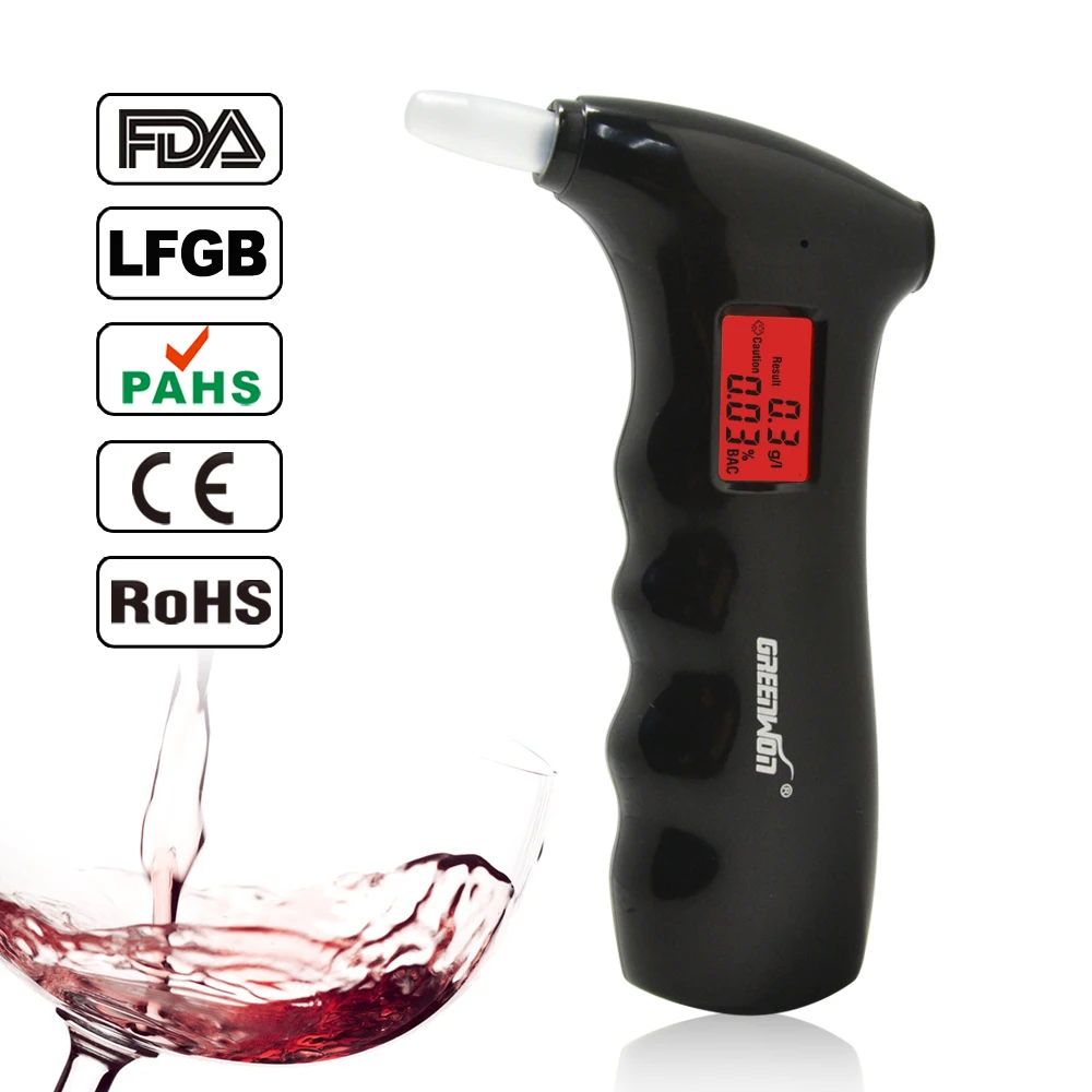 2019 Free shipping greenwon  handheld shape Alcohol Tester 65s Digital Breathalyzer with red backlights (0.19% BAC Max)