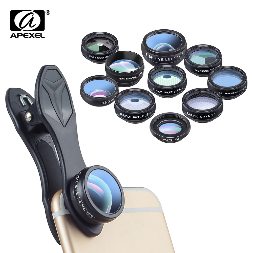 

APEXEL 10 в 1 фотообъектив «рыбий глаз» широкоугольный Макро 2X телеобъектив CPL Звездный фильтр калейдоскоп объектив камеры для телефона Samsung