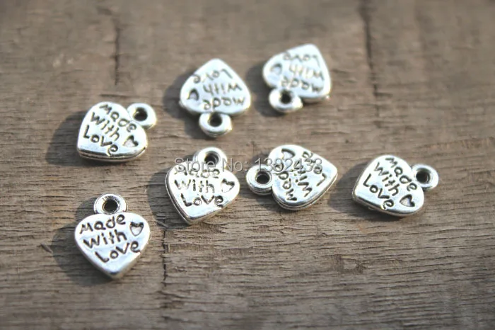 50 шт.-Сделано с любовью подвески в форме сердца виде античного серебряного
