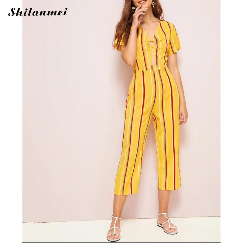 

Ladies Women Striped Bow Clubwear Playsuit Bodysuit Party Overall Jumpsuit Short Sleeve Romper Front Hollow Long Trousers Newest