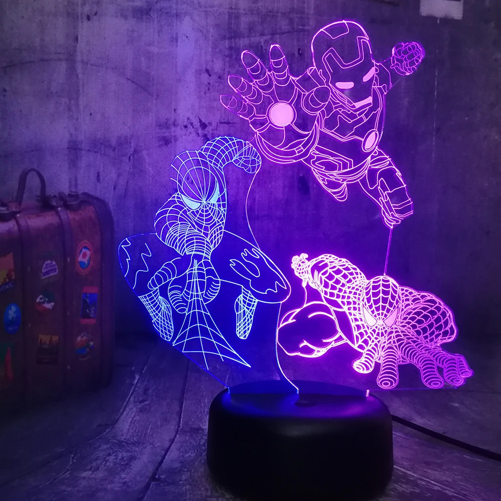 Marvel Человек-паук Железный человек черный пантера 3D светодиодный ночной Светильник смешанные двойной Цвет 7 цветов сна настольная лампа домашний Декор рождественские подарки