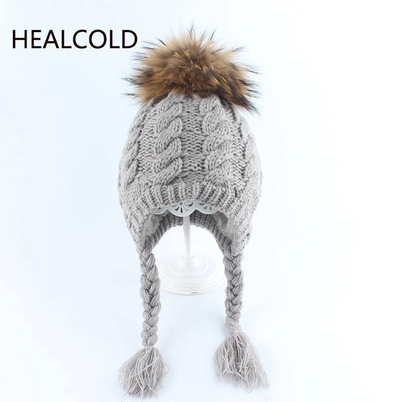 Детская зимняя шапка меховая с вязаным помпоном из натурального енота шапки для