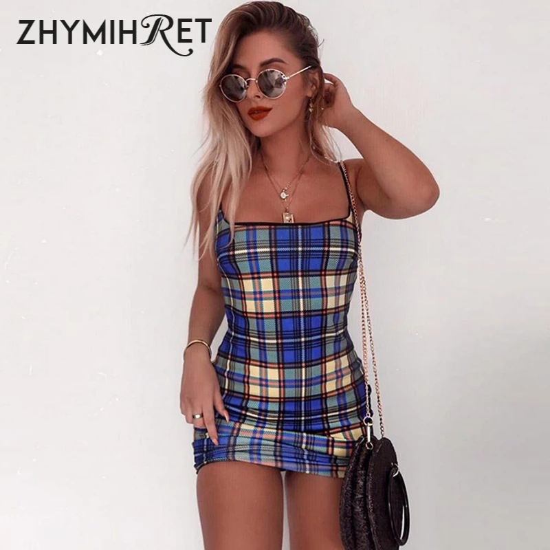 ZHYMIHRET милое синее клетчатое Сексуальное мини платье 2019 летнее пляжное на