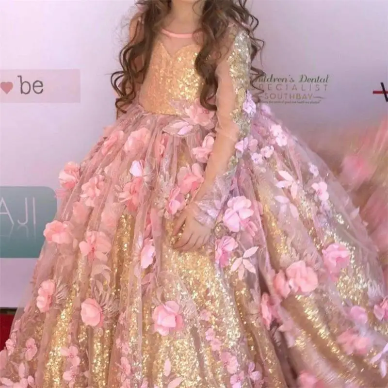 Платье для девочек с длинным рукавом цветочной аппликацией и