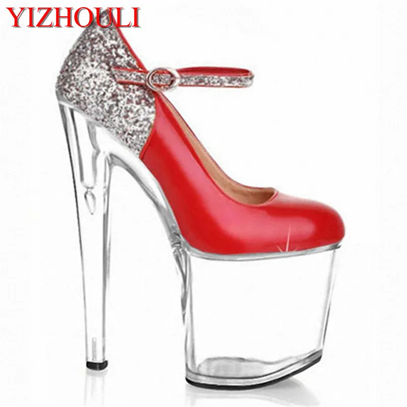 Gold flash powder transparent crystal single shoes, ultra high thin and 20cm hate sky-high club Dance Shoes