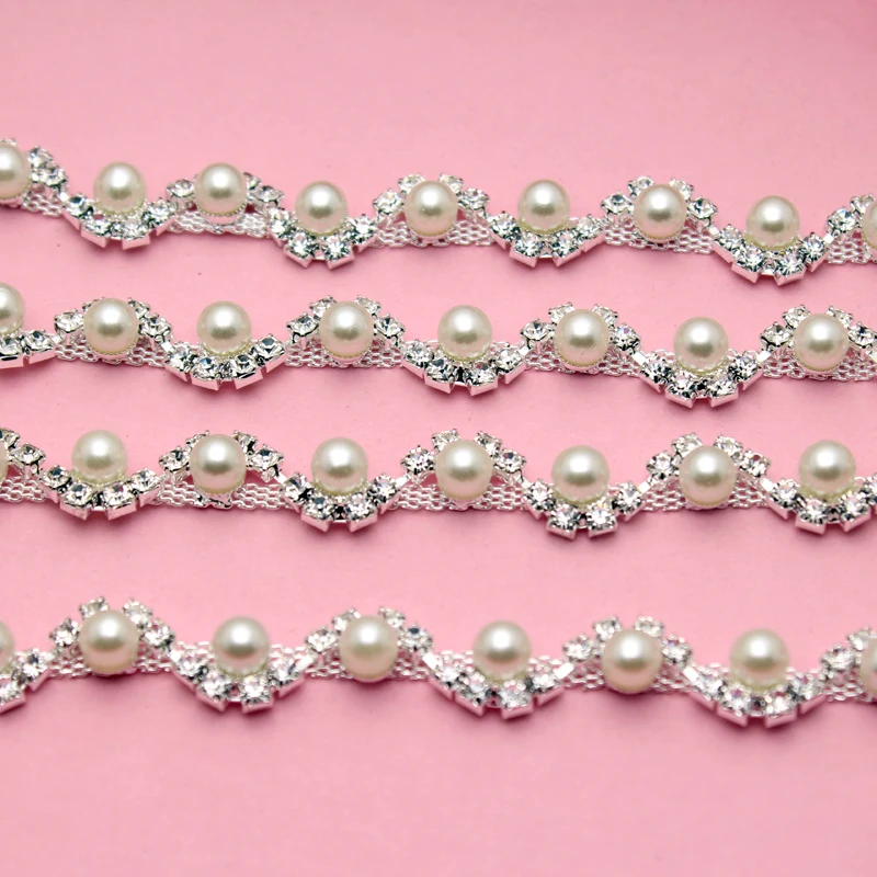 S-образный кристалл + жемчужные стразы 1 ярд серебряная основа с украшением в виде