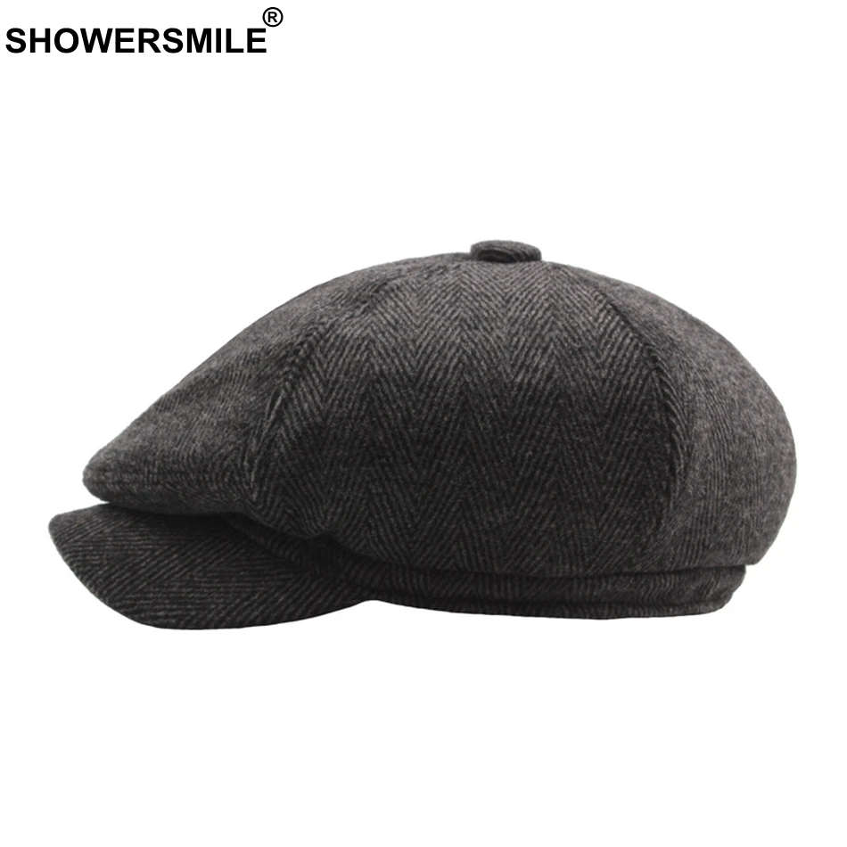 SHOWERSMILE восьмиугольная шапка береты в елочку плоские шапки Мужские Полосатые Серые восьмикомпонентные шапки s мужские твидовые винтажные осенние шапки художника