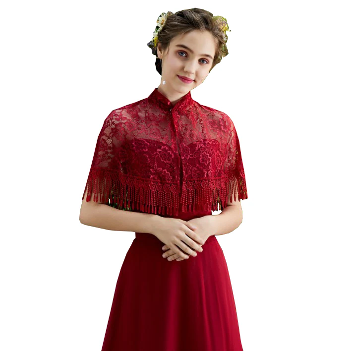 Wine red Кружевные свадебные Чонсам с высоким воротом, Элегантные Короткие Свадебные Шали, летние женские вечерние болеро, накидки для невесты - Цвет: Wine red