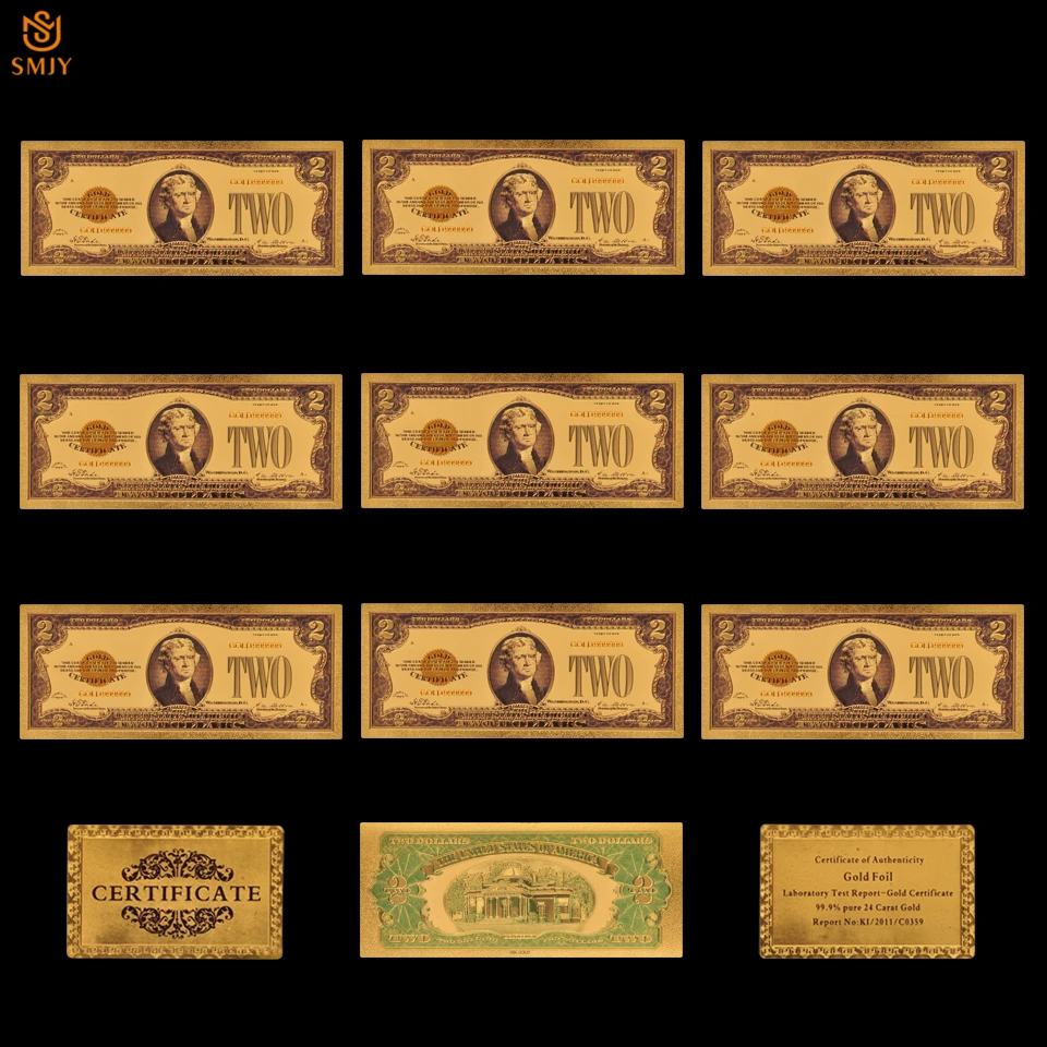 

10PCS / Lot 1928 Color USA Gold Banknotes 2 Dollar Money Replica Gold Plated Business Gift Collections